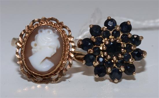 9ct gold and sapphire cluster ring and a 9ct gold cameo ring